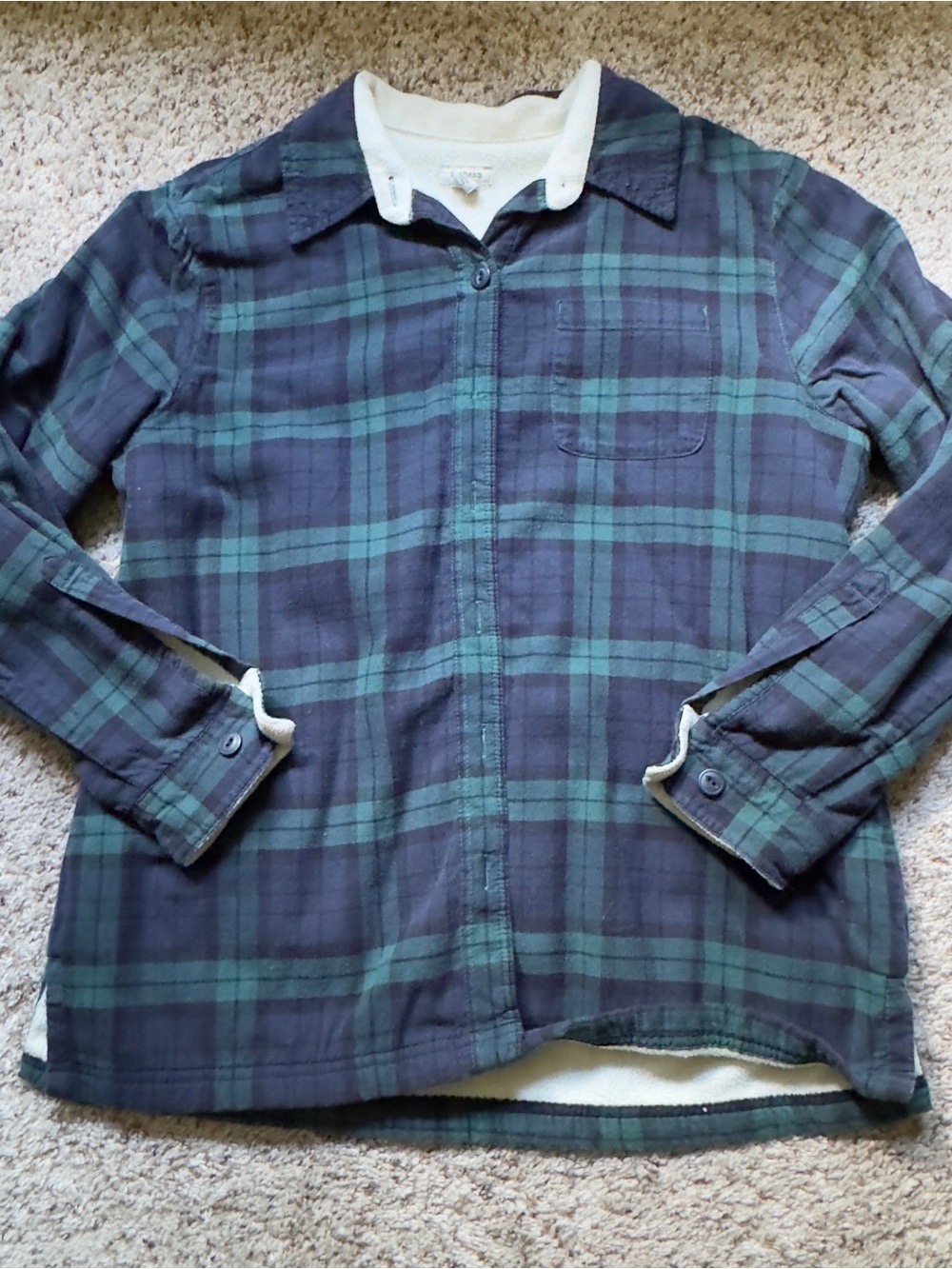 LL Bean Women’s Navy and Green Plaid Flannel Shacket with Sherpa Lining